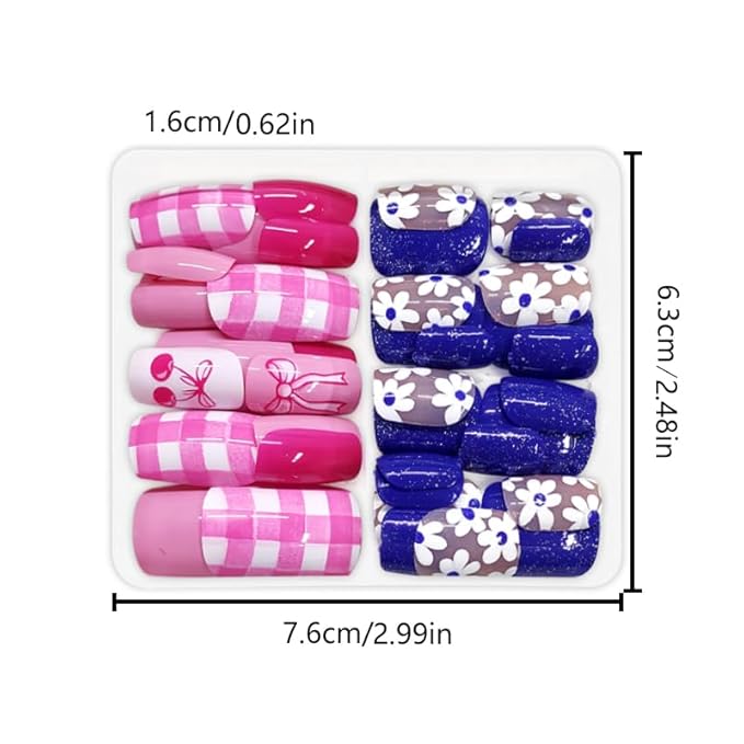 2 Packs 48Pcs Square Press on Nails Short Flowers Acrylic Fake Nails Blue Pink False Nails Squoval Artificial Nails with Design Floral Bow Heart Glue on Nails Press ons for Women Spring Manicure Set