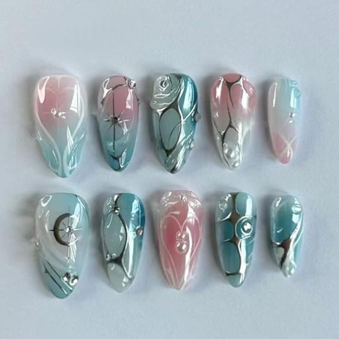 Almond Press on Nails Medium Fake Nails with Star Pearl Designs Sliver Lines Stick on Nails Gradient Rhinestone Acrylic Glossy Artificial Full Cover Glue on Nails for Women 24Pcs