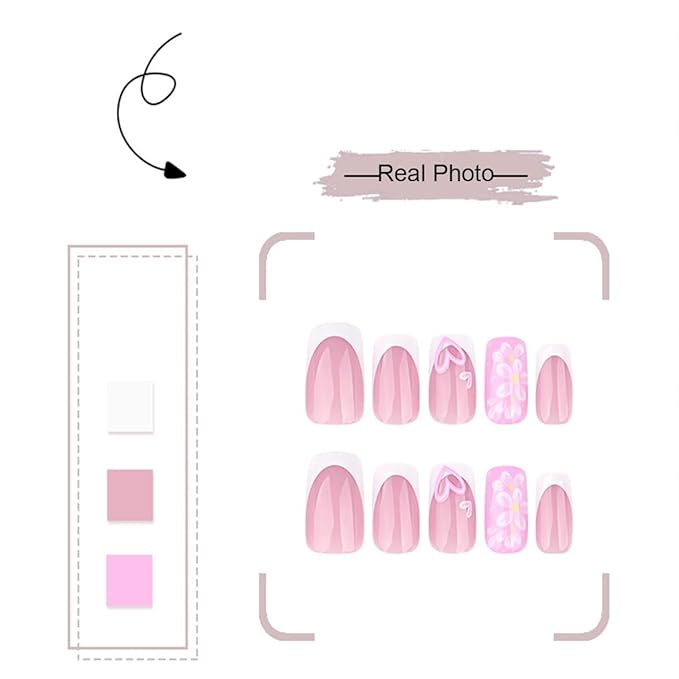 Flowers Press on Nails Square Medium Fake Nails White French Tip False Nails Pink Glossy Full Cover Glue on Nails Heart Artificial Stick on Nail for Women Manicure DIY