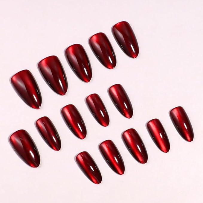30Pcs Wine Red Press on Nails Short Almond Fake Nails Cat Eye Acrylic Nails Glossy Shiny False Nails Jelly Design Red Full Cover Glue on Nail Press on for Women Girls Manicure & Nail Art