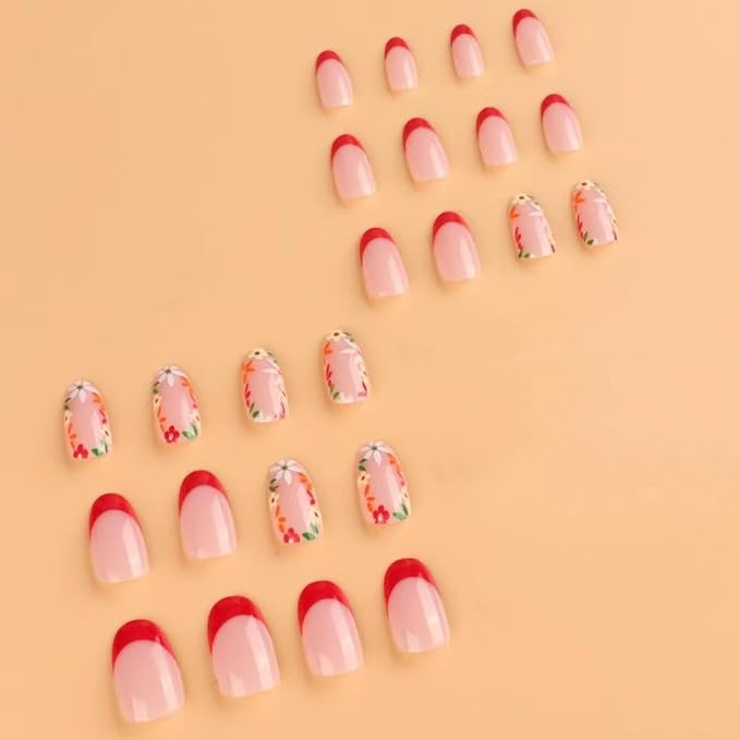 Flower Press on Nails Red French Tip Fake Nails Short Almond False Nails with Design Nude Glue on Nails Glossy Artificial Acrylic Full Cover Floral Stick on Nails for Women Manicure 24Pcs
