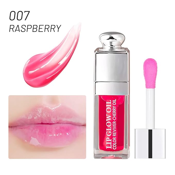 2PCS Hydrating Lip Glow Oil, Lip Oil Gloss Transparent Toot Tinted Nourishing Long Lasting Repairing Lightening Lip Lines (RASPBERRY) 0.2 OZ