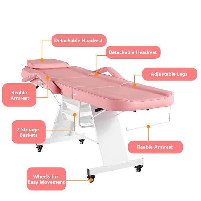 Tattoo Chair for Client Facial Chair with Wheels 73inch Adjustable Tattoo Bed for Artist Massage Table with Stool Facial Bed for Spa Beauty Pink