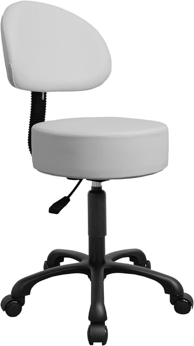 Black Lift Swivel Rolling Stool Round Chair,Thick Sturdy Padding,Adjustable Stool with Wheels for Doctor,Medical,Massage Salon,Office,Shop(with Back, White)