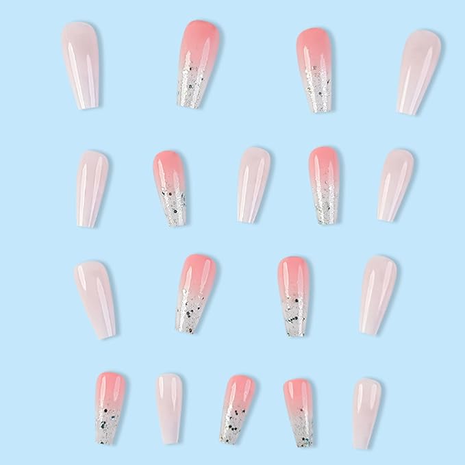 Hkanlre Bling Press on Nails Long Gradient Fake Nails Tips Full Cover False Coffin Nails for Women and Girls 24PCS