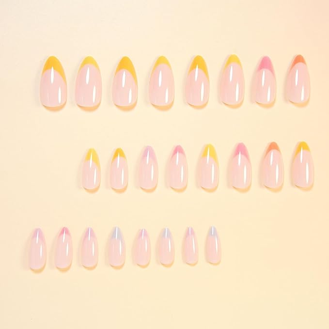 Fall French Tip Press on Nails Medium Almond False Nails With Colorful French Tip Design Full Cover Glue on Nail Reusable Colorful Acrylic Fake Nails Glossy Artificial Stick on Nail for Women