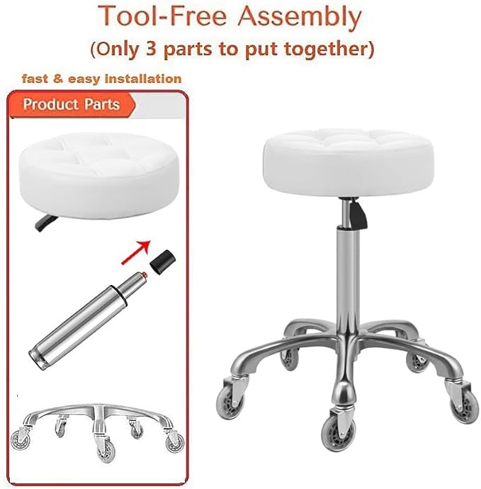 Kaleurrier Adjustable Rolling Stool for Salon: Heavy Duty Swivel Chair with Wheels for Hairdresser Esthetician Dentist - Spa Home Office Kitchen Dental Tattoo Shop Use - Seat Height 22”-30” - White