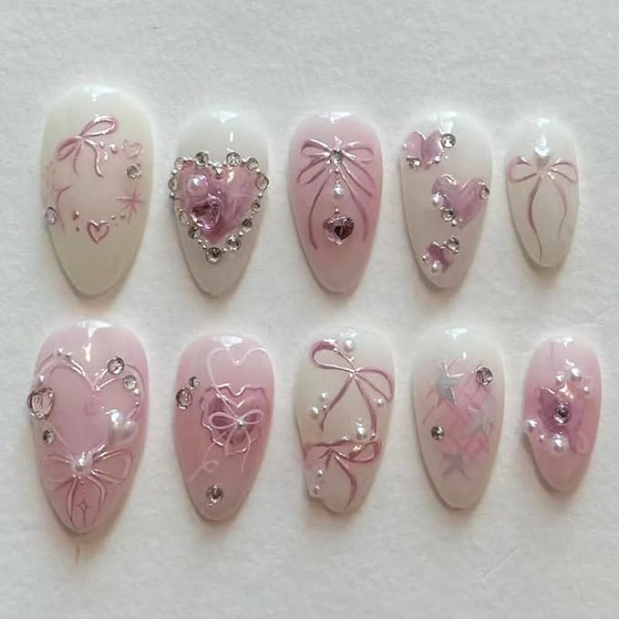 3D Handmade Spring & Summer Pink Press On Nails Almond Medium 24 Pcs, Heart Pearl Designer Reusable Acrylic Fake Nails with Glue, Wedding and Party, Daily wear Nails fro Women Gift