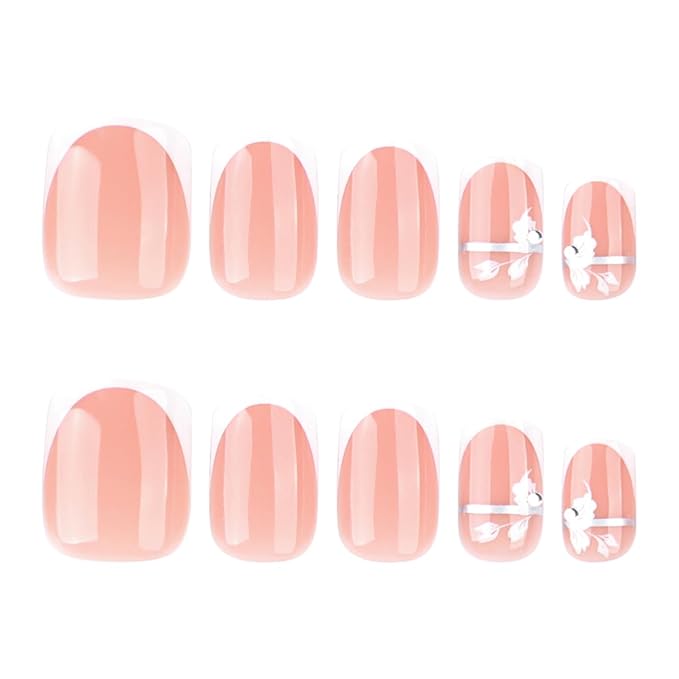 Fall Short Press On Nails Square Nude Fake Nails with White French Tips Delicately Adorned with White Flower Silver lines Fake Nails Gel Stick On Nails Set Glue on Nails for Women, 24Pcs