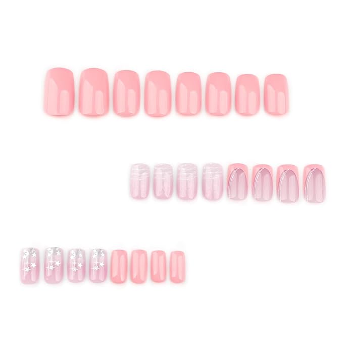 French Tip Press on Nails Medium Square Fake Nails Pink Glue on Nails with Star Lines Nail Art Decor Silver Star False Nails Reusable Artificial Acrylic Nails for Women Girls 24pcs