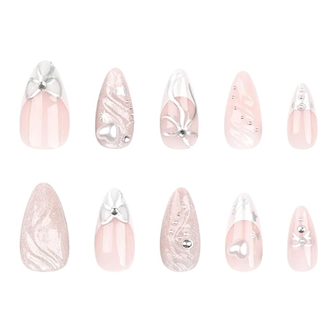 Hkanlre Cute Press on Nails Silver Fake Medium Nails Tips Full Cover Almond French False Nails for Women and Girls 24PCS