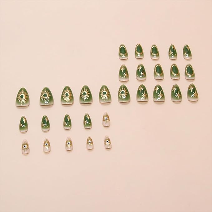 24Pcs Gold Star Press on Nails Short Almond Fake Nails with Eye Green Glossy Design Gilded False Nails Full Cover Artificial Glue on Nails Summer Stick on Nails for Women DIY Manicure Decorations Tips