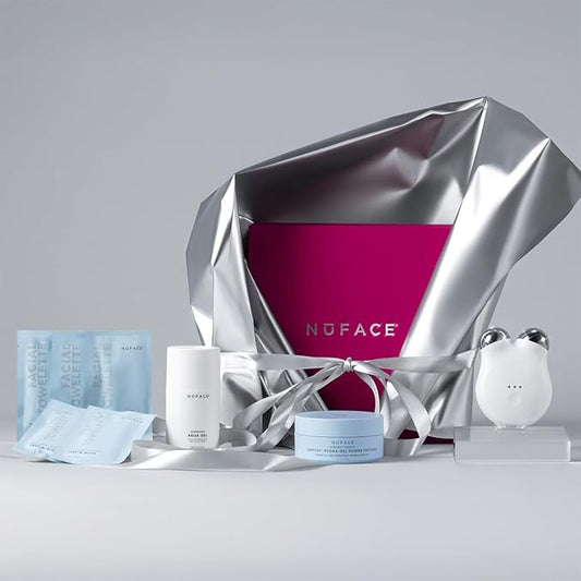 NuFACE MINI+ Microcurrent Facial Device Ultimate Uplift Holiday Kit - Brilliant White Face Sculpting & Contouring Device with Aqua Gel, Power Patches, Prep-N-Glow Skin Care Wipes & Luxe Gift Box