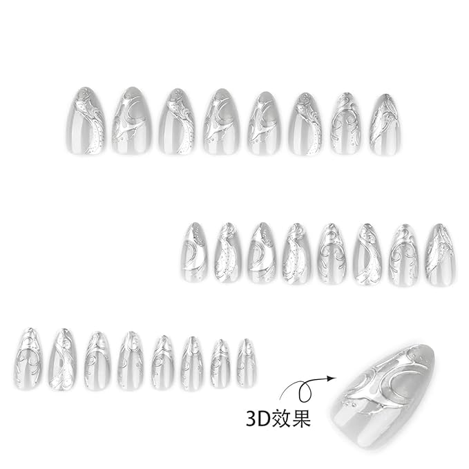 Silver Press on Nails Medium Almond Fake Nails Y2k Silver Irregular Chrome Designs Goth False Nails French Tip Full Cover Acrylic Stick on Nail Halloween Glue on Nails for Women DIY Manicure 24Pcs