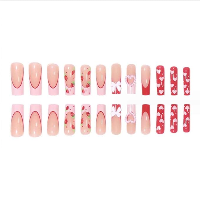 Press on Nails Long Rhinestone Pink Fake Nails Square Bling Glossy Artificial Nails Finger Manicure for Women and Girls-24pcs (Long Nails 3)