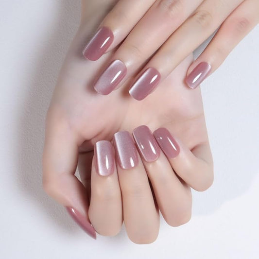 Cat Eye Mauve Pink Press On Nails Medium Long Length Square, Designer Reusable Acrylic Fake Nail with Glue, Glossy Gel Nails Wedding Party, Stick On Glue On Nail, Nails Press Ons for Women