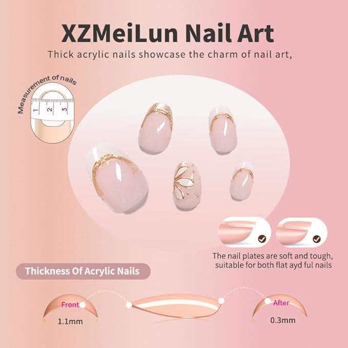 3D Gold Line French Tips Press On Nails Oval Short, White Flower French Tip Designer Reusable Acrylic Nails Press Ons, Fake Nails With Glue On Nail, Daily Wear Floral False Nails For Women