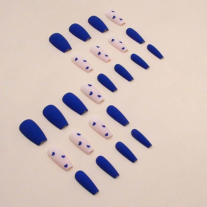RikView Long Fake Nails Coffin Press on Nails with Hearts Design Blue Nails Matte Full Cover Nails for Women 24 PCs/Set