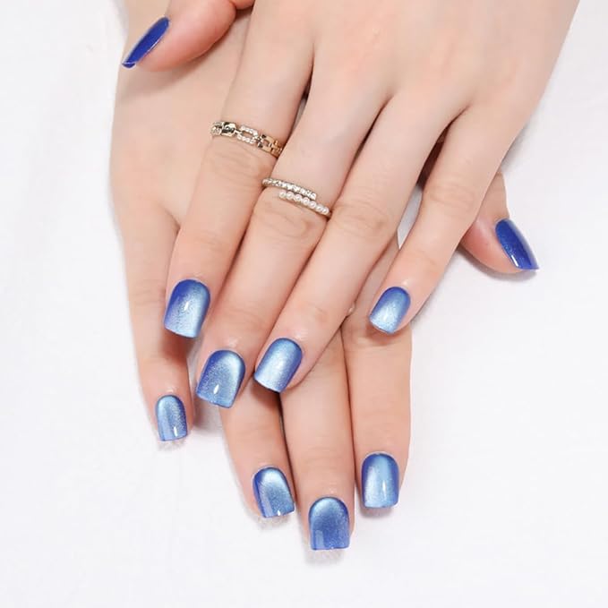 Blue Press on Nails Short Square Ice Blue Cat Eye Press on Nails Fashion Gel Fake Nails Reusable Acrylic Fake Nails Glossy Stick on Nails for Women Girls Gift Glue on Nails Kit