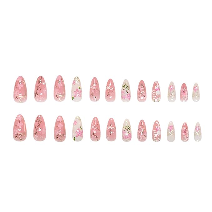24pcs Flower Press on Nails Medium Almond Fake Nails Peach Blossom Press on 3D Pearl Bow False Nails Cute Cat Stick on Nails Full Cover Artificial Nail Acrylic Fingernails for Women Manicure