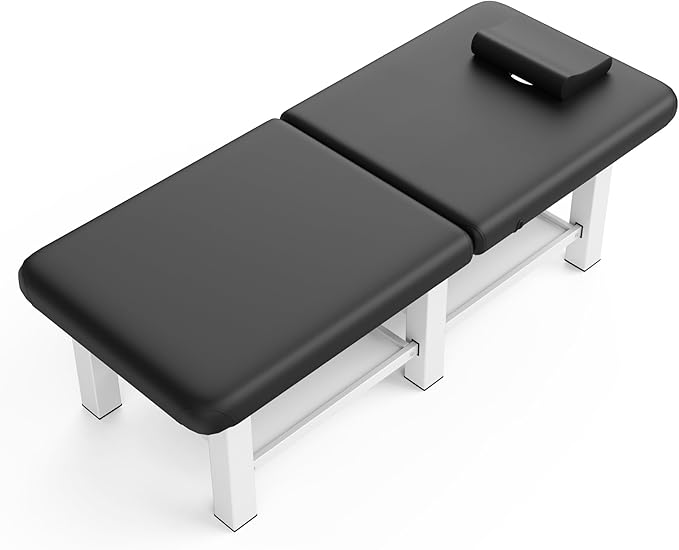 Folding Stationary Massage Table with Backrest and Storage Space, 6 Square Legs Metal Frame PU Leather, 30.5'' Wide × 75'' Long for Treatment Table Physical Therapy Table Spa Facial Bed, Black
