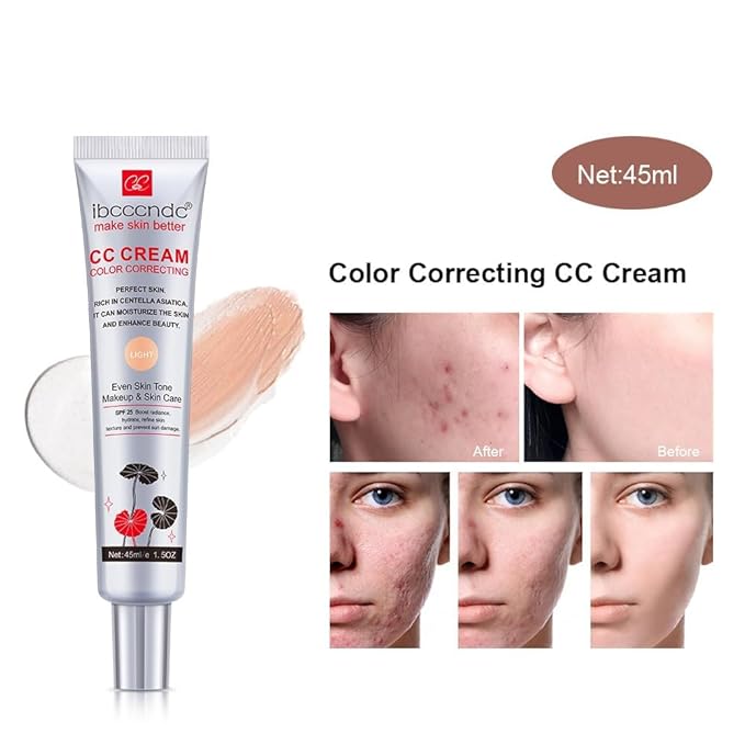 Color Correcting CC Cream Foundation, Invisible Pores Concealer, Rich In Centella Asiatic, Moisturizing And Waterproof CC Cream With Spf 25(LIGHT)