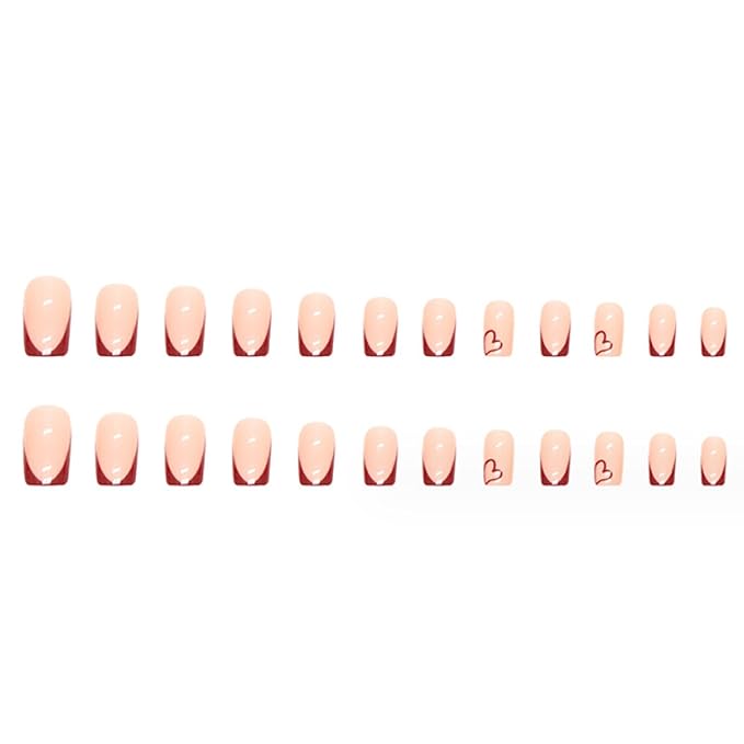 Hkanlre Red Square Press on Nails French Fake Nails Tips Full Cover Heart Medium False Nails for Women and Girls 24PCS