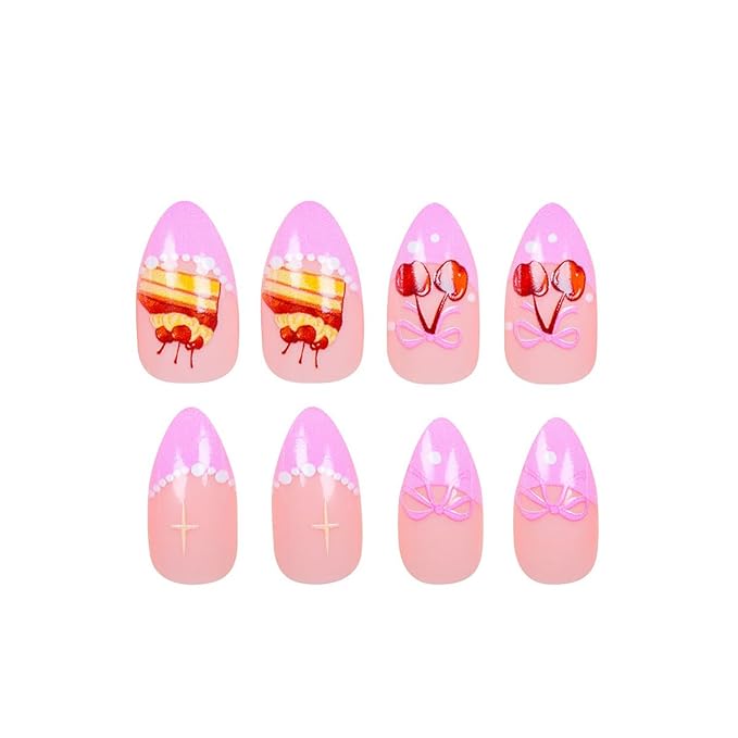 24Pcs Pink French Tip Press on Nails Medium Almond Acrylic False Nails with Cherry Cake White Pearl Design Full Cover Artificial Glue on Nails Glitter Stick on Nails for Women DIY Manicure