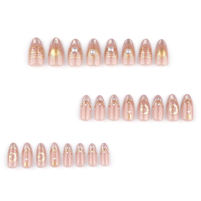 24Pcs Silver Glitter French Tip Press on Nails Medium Almond Fake Nails Gold Star Moon Sun False Nails with Pearl Designs Reusable Nude Acrylic Nails Full Cover Stick on Nails for Women Daily wear