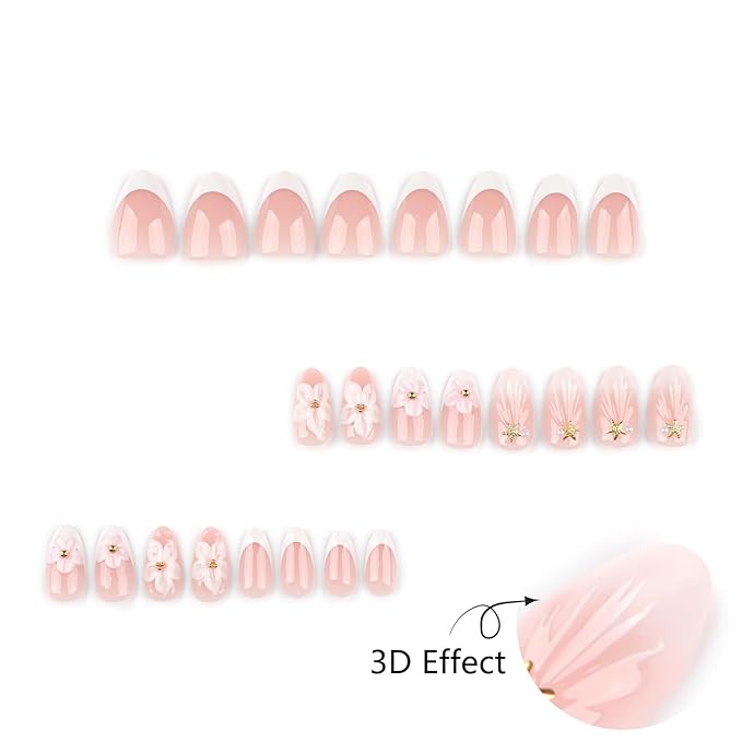 White Flower Press On Nails short, 24pcs Almond French Fake Nails with 3D Floral Design, Pearl & Starfish Decor, Glossy Nude Acrylic Stick On Nails Kit for Women Girls Manicure