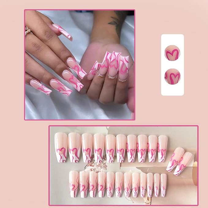 Long Press on Square French Tip Fake Nails - Glossy Glue-On Full Cover Nude Pink Acrylic False Tips With Heart Design - Coffin Stick-On Manicure Supplies for Women Girls - 24Pcs
