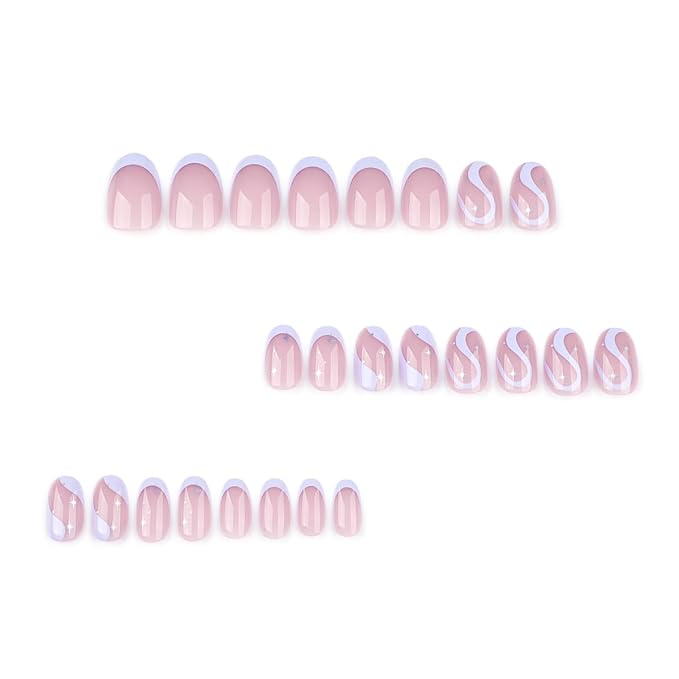 Short Press on Nails Almond French Purple Blue False Nails ilver Star Pattern Full Cover Artificial Stick on Nail Reusable Acrylic Nails Glue on Nails for Women Manicure Kit 24Pcs