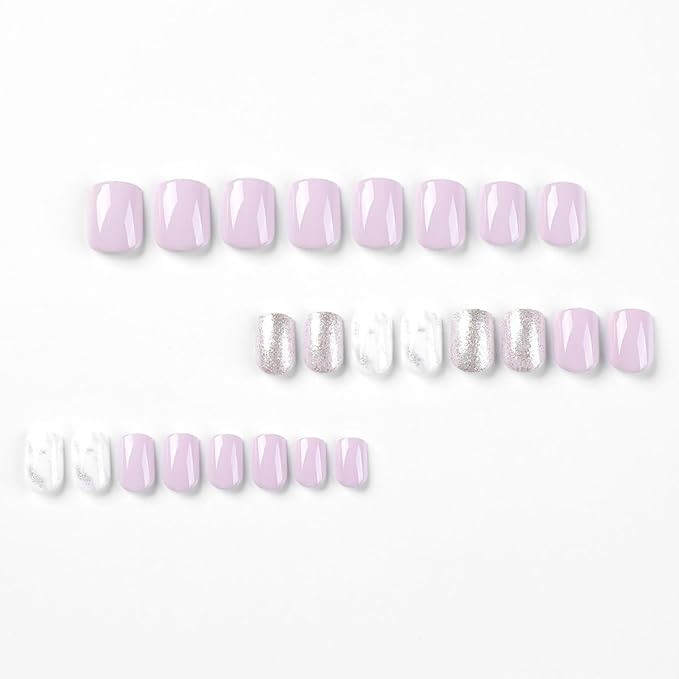 Press on Nails Short Square, Light Purple Fake Nails Kit with Silver Glitter Designs, Glossy Acrylic Press on Nails, Thick Reusable Glue on Nails Short Press on Nails for Women, Gleaming Lilac