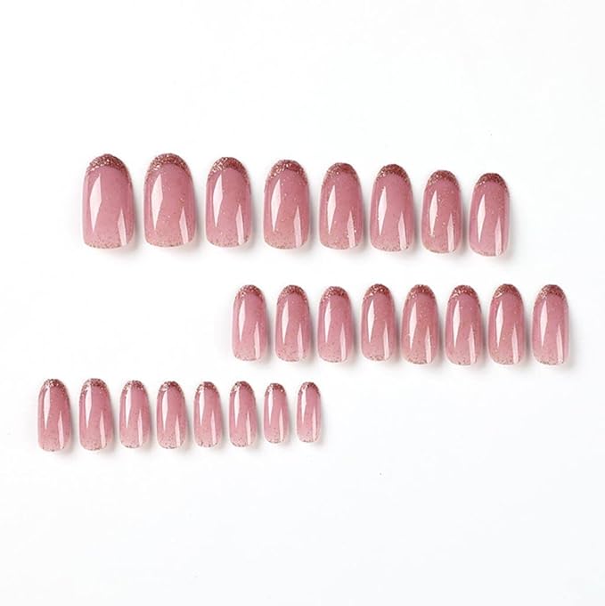 RikView French Tip Pink Press on Nails Medium Fake Nails Almond Acrylic Nails for Women 24 PCs/Set