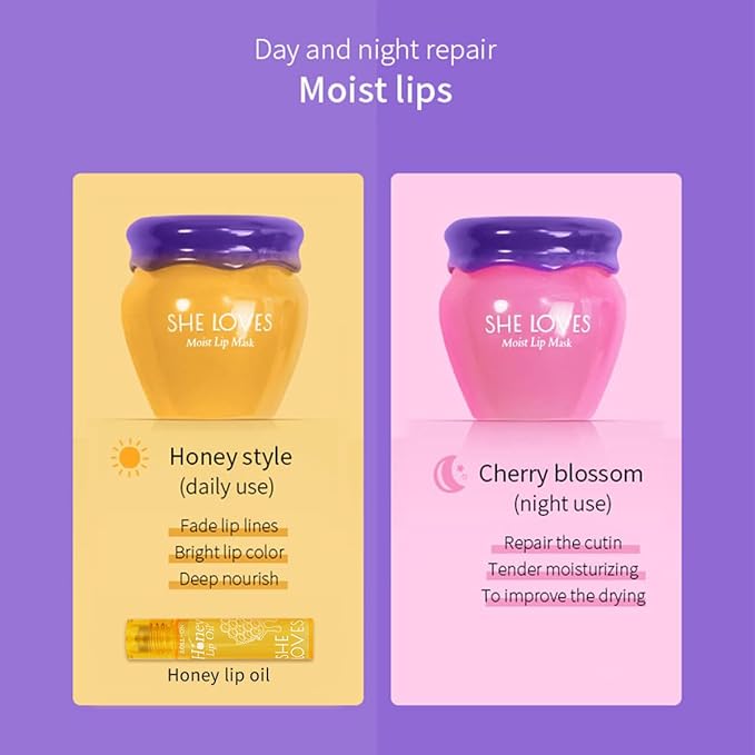 2PCS Lip Mask Overnight, Honey&Sakura Day and Night Repair Sleeping Lip Balm, Fade Lip Lines Bee Balm, Hydrating &Prevention Dry and Crack Lip Scrubs Exfoliator