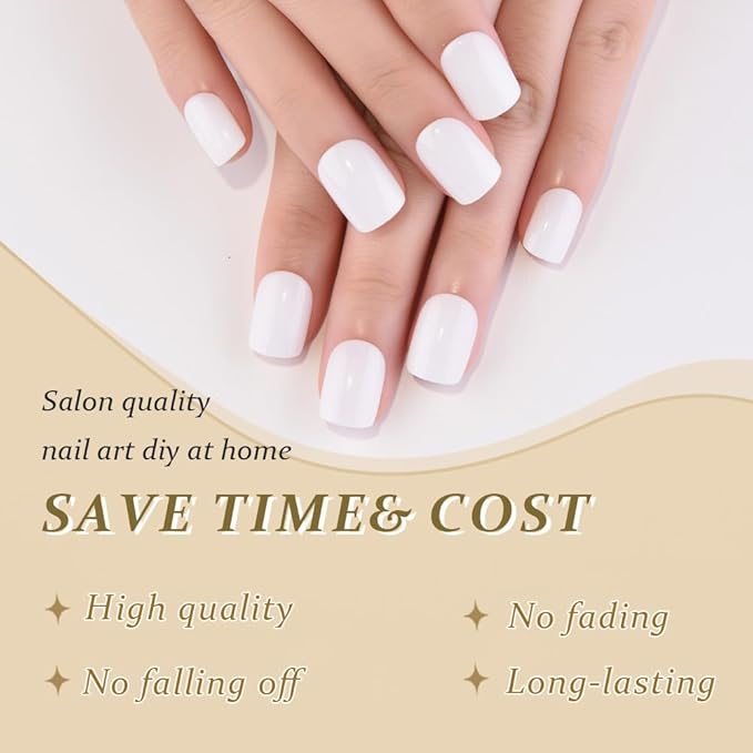 evpct White Glossy Press on Nails Short Square, Glossy White Fake Nails Summer Reusable, Acrylic False Nail Stick Glue on Press ons for Women Gifts, Perfectly Fit Durable False Nail Kit & Glue 30Pcs