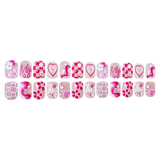 24Pcs Square Press on Nails Short Fake Nails Flame with Heart Flower Butterfly Design Cute False Nails Pink Glue on Nails Glossy Valentines Acrylic Artificial Nails Glossy Stick on Nails for Women