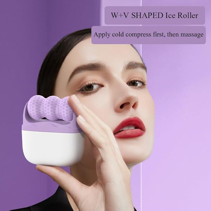 Ice Roller for Face and Eyes, Women Ice Face Roller Reduces Puffiness Relieves Migraines Massager 2 in 1, Facial Rollers, Skin Care Tools, Self Care Gifts for Men Women (Purple)