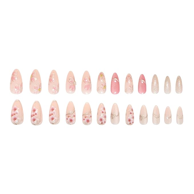 24Pcs Pink Flower Press on Nails Medium Almond French Fake Nails with Irregular Line Bow Design Cherry Blossom False Nails Full Cover Artificial Nails Cute Stick on Nail Pearl Nail Spring for Women