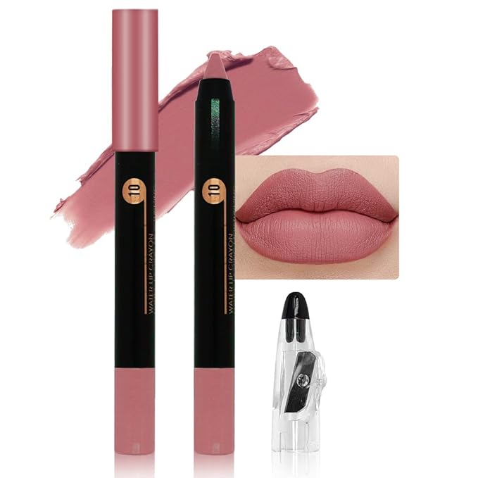 Dusty Pink Crayon Matte Lipstick Lip Liner Pencil, Moisture Smooth Lipstick Pencil, With pencil sharpener Sharpenable Lip Pencil, Ultimate Lip Crayon for Women Smudgeproof Waterproof 10#