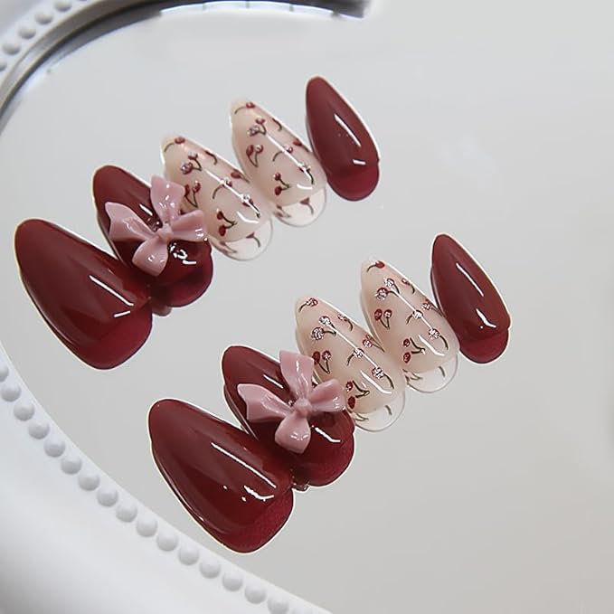 Short Almond Press on Nails Wine Red Full Cover False Nails with Bowknot Design Glossy with Cherry Design Acrylic Glue on Nails Removable Stick on Nails for Women Girls 30 Pcs