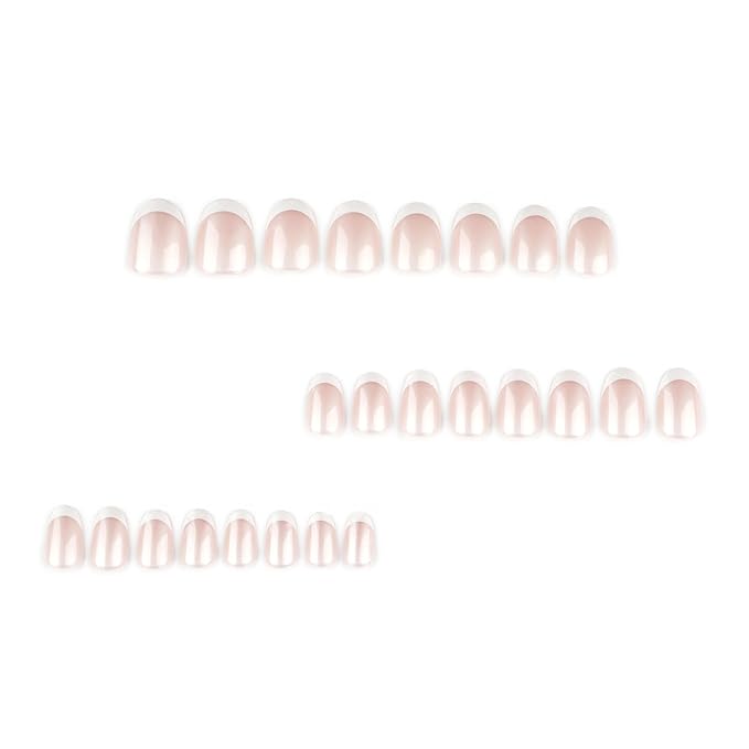 Oval French Press On Nails Short, White Tip Fake Nails with Sheer Pearl Base, Glossy Reusable Glue On Nails, Elegant French Manicure Stick On Nails for Women, 24 Pcs