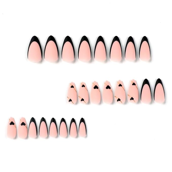 2 Packs 48Pcs Almond Press on Nails Medium Valentine's Day Fake Nails Red Black French Tip Nails Press on Heart Love False Nails Reusable Artificial Acrylic Nails for Women Girls Nails Decoration Kit