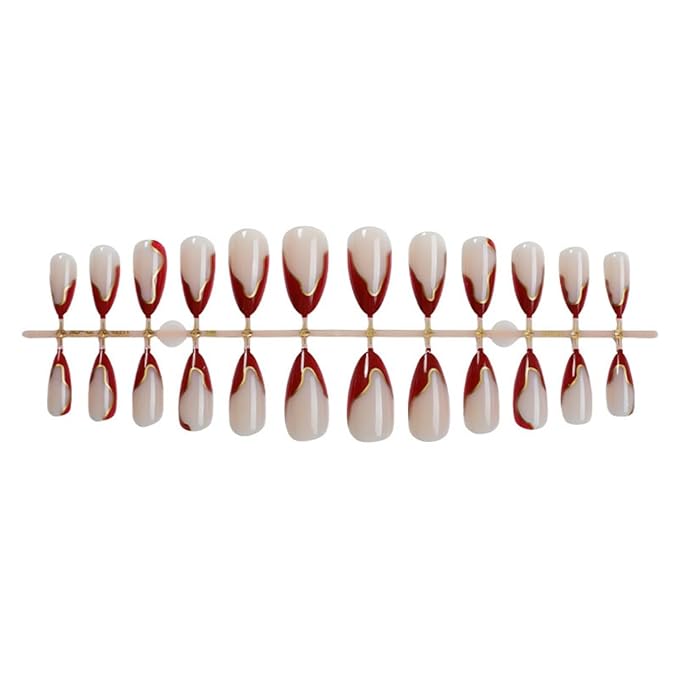 Red French Tip Press on Nails Medium Almond Fake Nails with Gold Curve Design Stick on Nails Glossy Nude False Nails Reusable Full Cover Acrylic Glue On Nail for Women Manicure 24Pcs
