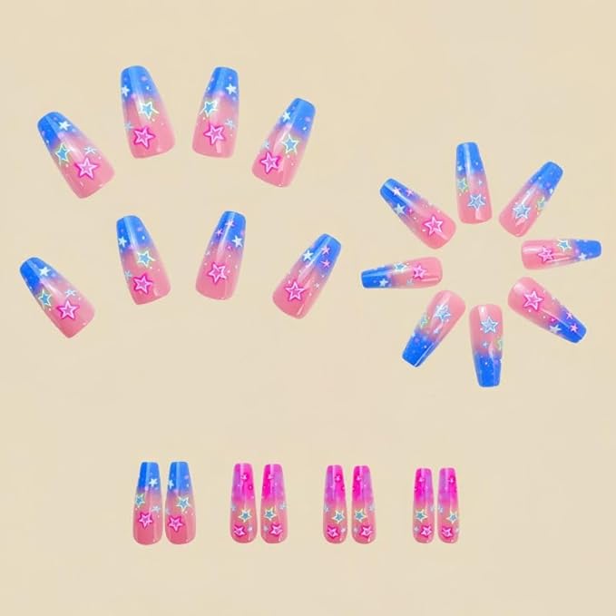 Long Press on Nails Coffin Shape with Stars Design Fake Nails Hot Girl Glue on Nails for Prom and Party Gift for Women 24pcs