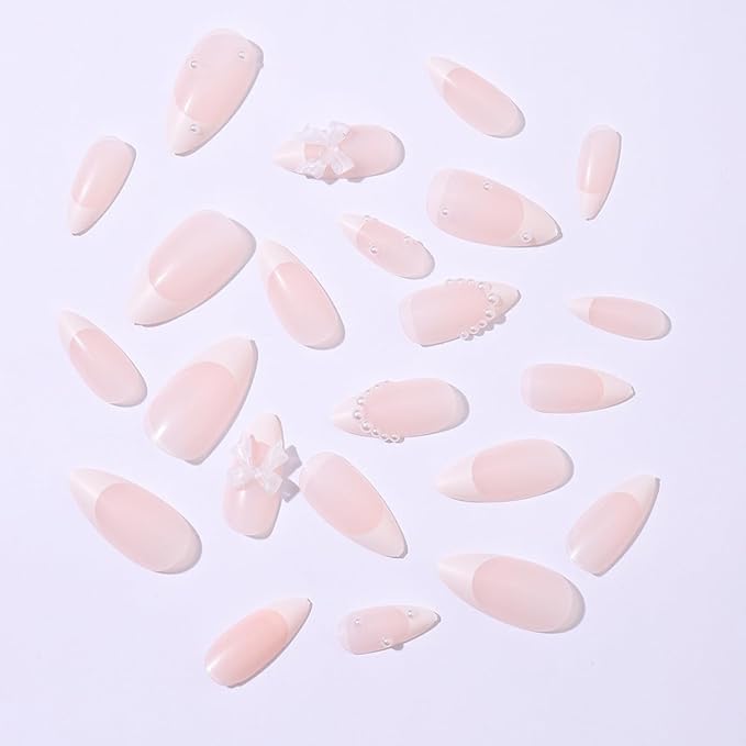24Pcs French Tip Press on Nails Long Almond Fake Nails Pearls Nails Tip Design Cute False Nails Full Cover Glossy Stick on Nails Bow Charm Acrylic Nails French Artificial Nails for Women Girl Manicure