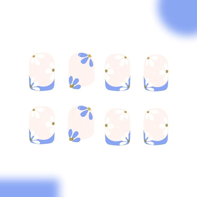 Flower Press on Nails Short Square Fake Nails French Tip False Nails Full Cover Glossy Acrylic Glue on Nails Spring Summer Cute Daisy Stick on Nails Nude Aritificial Nails for Women Manicure 24 Pcs