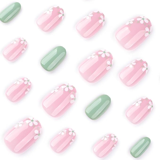 Short Oval Press On Nails green Pink False Nails with Flowe Finish Fashion Glossy Acrylic Press ons Nail Gel Stick On Nails Set Glue on Nails for Women & Girls, 24Pcs