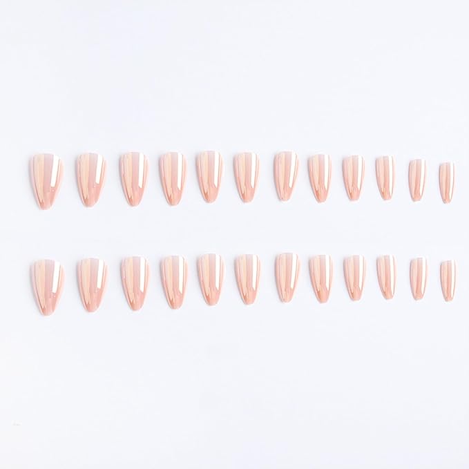 Almond Press on Nails Medium Pink Fake Nails Glossy Chrome False Nails with Designs Solid Color Glue on Nails Full Cover Acrylic Stick on Nail for Women Girls Manicure 24 Pcs