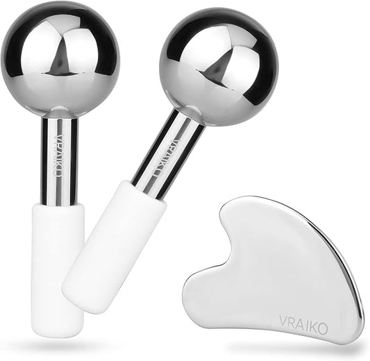 VRAIKO ICE Globes for Facials & Gua Sha Set, Gua Sha Facial Tools and Cryo Sticks with Unbreakable Steel, Face Massager Cooling Rollers for Dark Circles, Puffiness and Lymphatic Drainage (White)